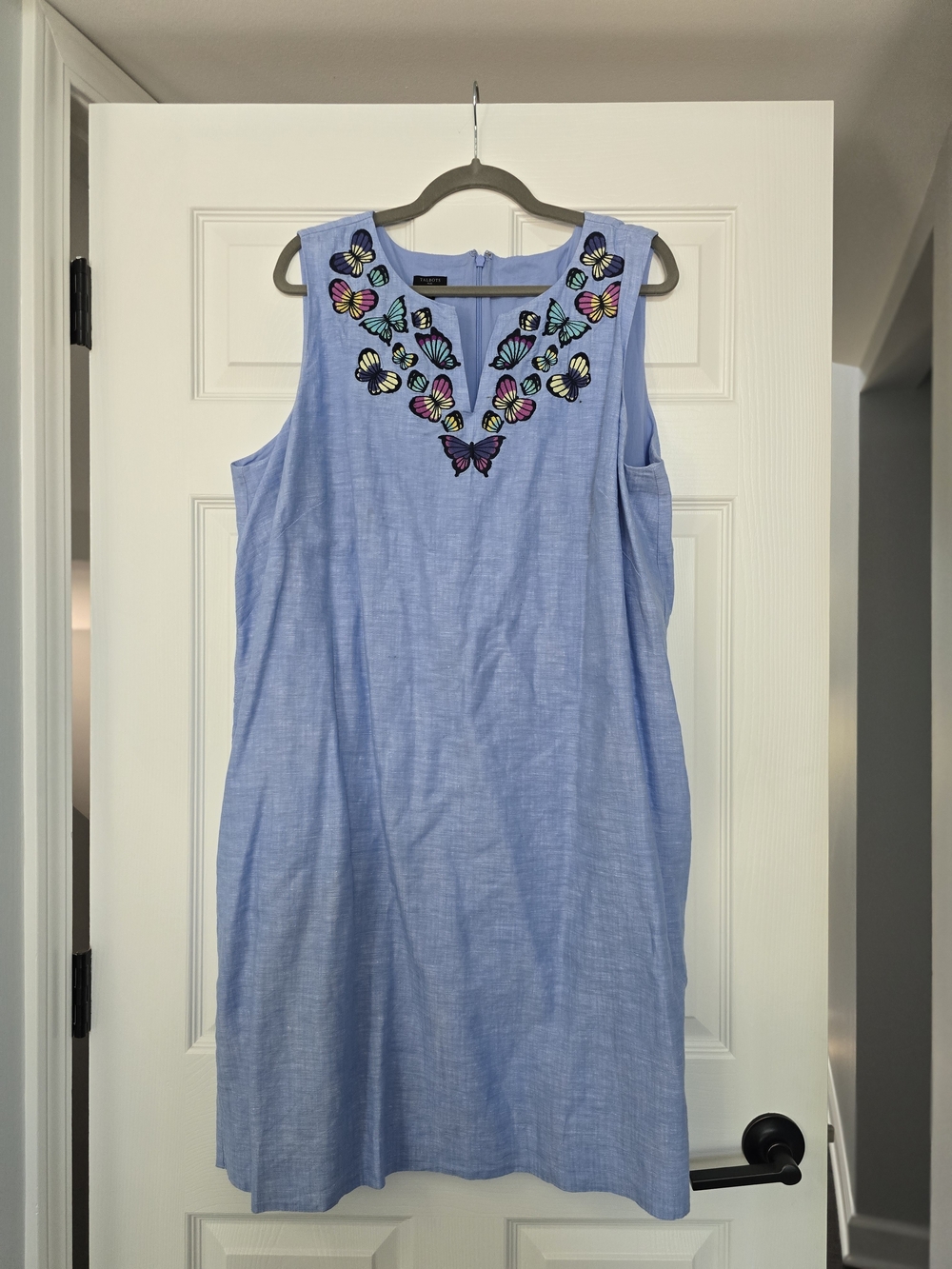 Talbots Light Blue Linen Shift Dress with Butterfly Embroidery